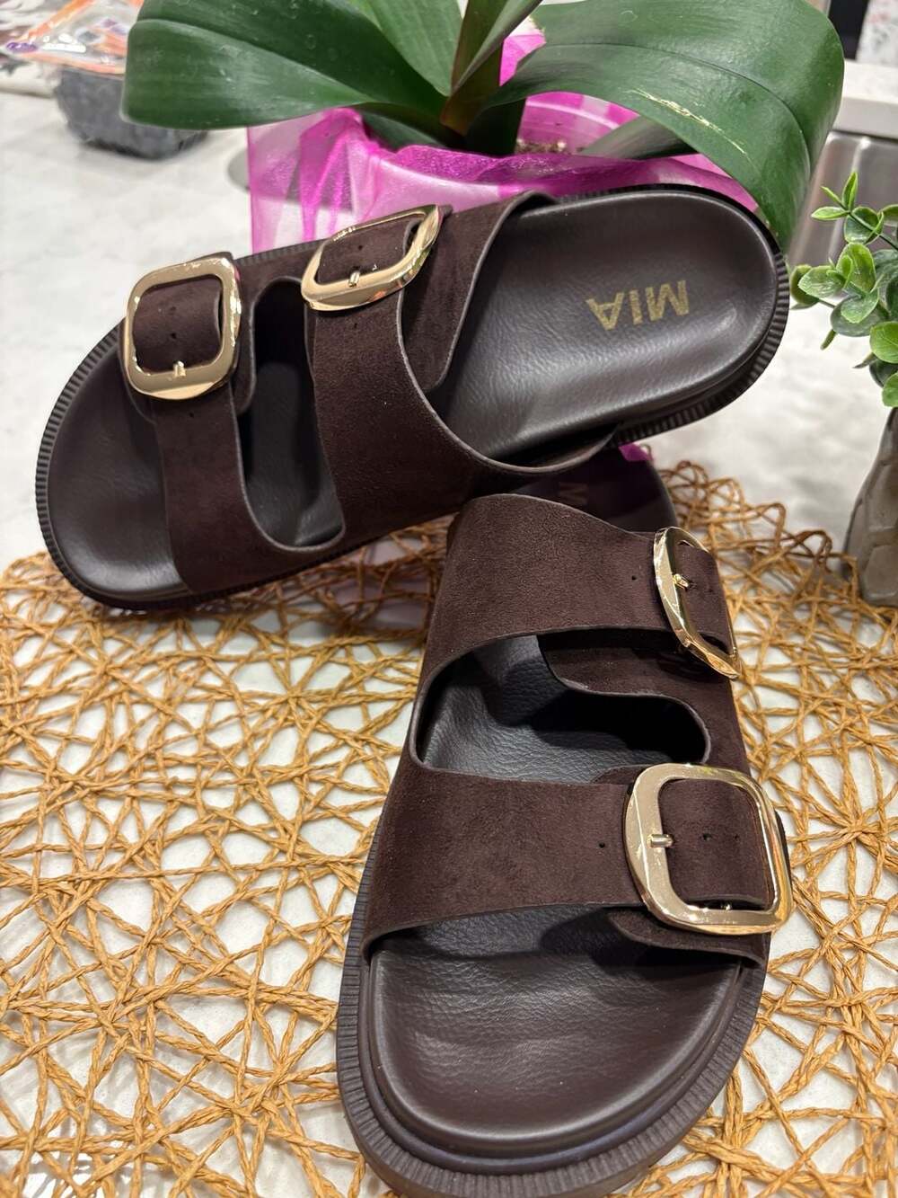 MIA Gen-R Chocolate Suede Double Buckle Platform Slide Sandal